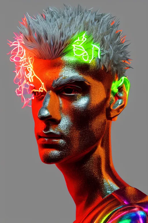 Image similar to hyper detailed ultra sharp portrait of baroque and bladerunner delicate neon ruby sculpture of seductive albino zayn malik tigers orange radioactive humanoid deity wearing metallic hoody made out of leaves holding the sun prismatic dungeon, glowing rainbow face, crown of white diamonds, cinematic lighting, photorealistic, octane render 8 k depth of field 3 d