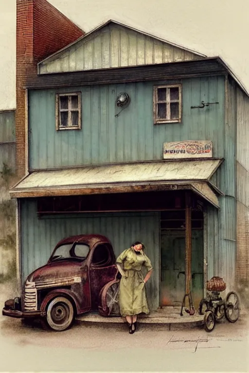 Prompt: (((((1950s small town mechanics shop with car out front. muted colors.))))) by Jean-Baptiste Monge !!!!!!!!!!!!!!!!!!!!!!!!!!!