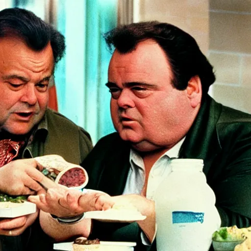 Prompt: Paul Sorvino and John Candy are sharing a giant submarine sandwich, 35mm film still from 1991