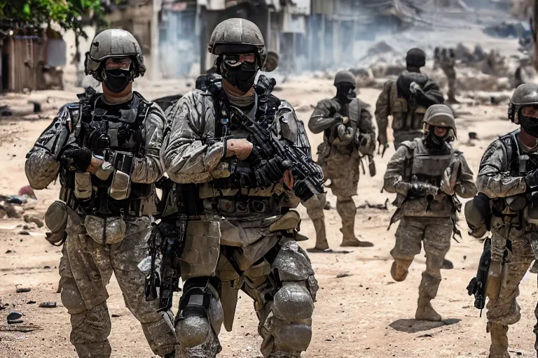 Image similar to Mercenary Special Forces soldiers in grey uniforms with black armored vest and black helmets behind an MRAP in urban warfare in Cambodia as artillery explodes 2022, Canon EOS R3, f/1.4, ISO 200, 1/160s, 8K, RAW, unedited, symmetrical balance, in-frame, combat photography