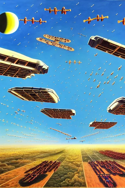 Image similar to a hyperrealistic painting of a fleet of spacecrafts flying over the farmers market on a sunny day, by chris cunningham and richard corben, highly detailed, vivid color,