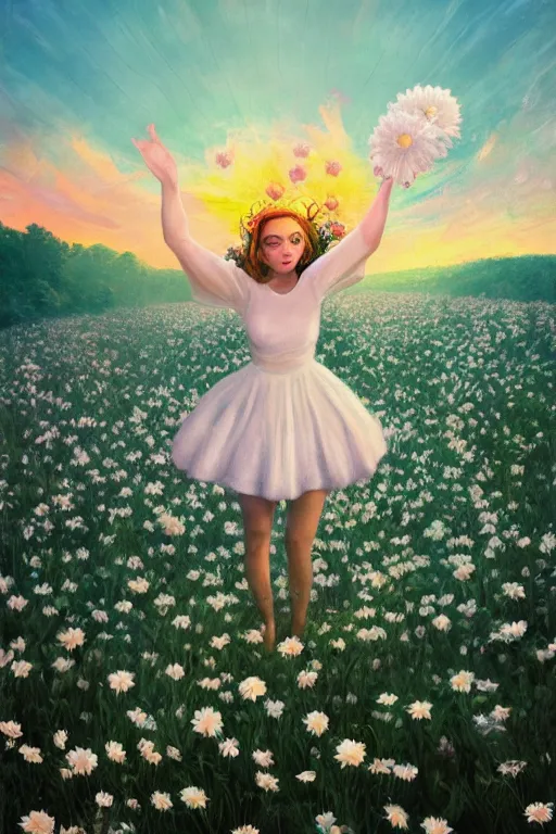 Image similar to giant white daisy flower on head, girl dancing in a flower field, surreal photography, sunrise, dramatic light, impressionist painting, colorful clouds, digital painting, artstation, simon stalenhag