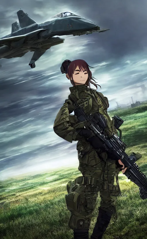 Prompt: girl, trading card front, future soldier clothing, future combat gear, realistic anatomy, concept art, professional, by ufotable anime studio, green screen, volumetric lights, stunning, military camp in the background, metal hard surfaces, focus on generate the face, strafing attack plane