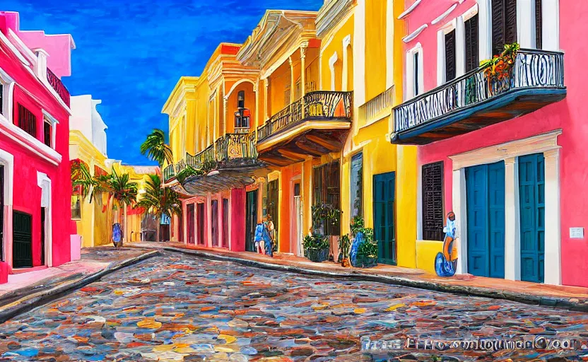 Prompt: a street of Old San Juan, Puerto Rico, colorful buildings on both sides, by Konstantin Razumov, highly detailed.