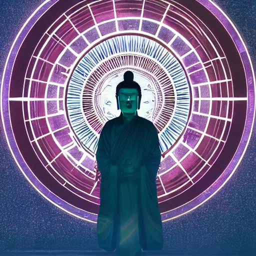 Prompt: 2 d techno buddha in front of concentric geometric radial sun portal with ancient wuji symbols embedded within it, fine lines, sci fi, artstation, dan mumford, beeple, yoshitaka amano