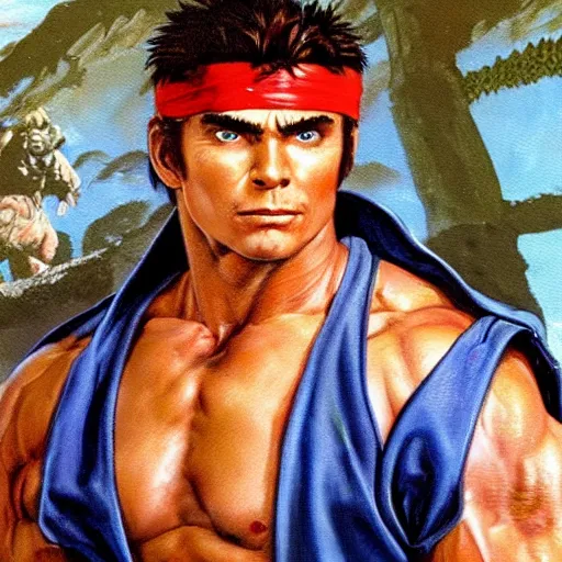 Prompt: dax shepard as ryu from street fighter, painting by frank frazetta, 4 k, ultra realistic, highly detailed,