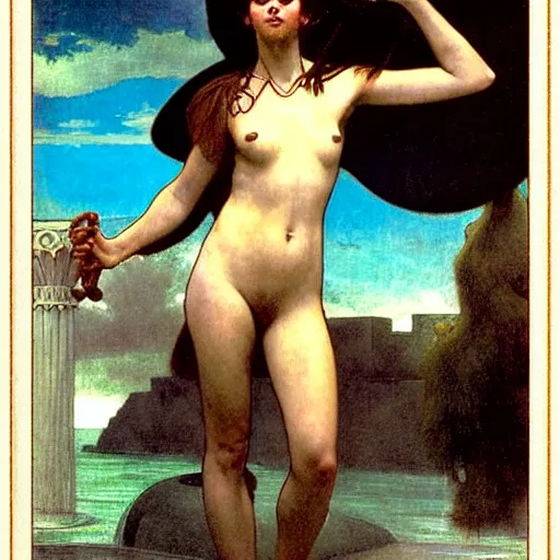 Image similar to Demon girl at the giant column, thunderstorm, greek pool, beach and palm trees on the background major arcana sky, by paul delaroche, alphonse mucha and arnold böcklin arnold böcklin hyperrealistic 8k, very detailed