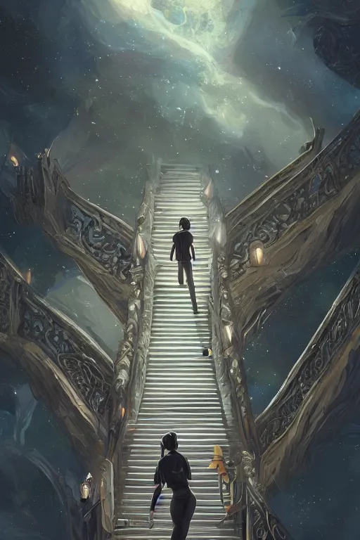 Prompt: a prodigy magician crafting a stairway to the stars by artgerm and wlop and kev walker and richard kane ferguson, digital art, highly detailed, wide shot, intricate, fantasy, mystical, sharp focus, Trending on Artstation HQ, deviantart, unreal engine 5, 4K UHD image