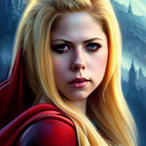 Prompt: beautiful Avril Lavigne as Super Girl, western, closeup, D&D, fantasy, intricate, elegant, highly detailed, digital painting, artstation, concept art, matte, sharp focus, illustration, art by Artgerm and Greg Rutkowski and Alphonse Mucha