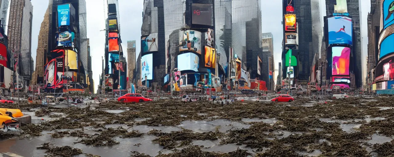 Image similar to times square after the oceans rise. The whole city is deep under water. Seaweed growing here or there, schools of fish glitter in the gloom. Rusted cars make a home for coral. Panoramic view