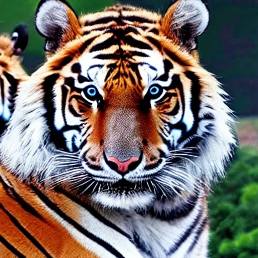 Prompt: two siberian tigers with bat wings posing like super models staring into your eyes with bright blue irises.