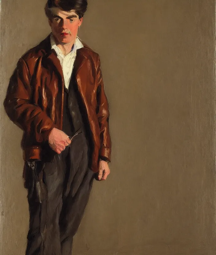Prompt: a very detailed portrait of a man, wearing an 8 0 s leather jacket with big shoulder pads, front view, in the style of edward hopper and oswald hornby joseph birley and susan ryder, very small brushstrokes, 4 k,