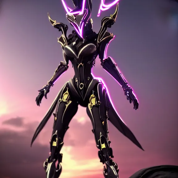 Image similar to cinematic close up full body shot of a beautiful saryn prime female warframe, that's a beautiful stunning anthropomorphic robot female dragon with metal cat ears, posing cutely, standing on the beach at sunset, robot cat paws, thick warframe legs, detailed arms, sharp claws, slick pink armor, streamlined white armor, long elegant tail attached to her back end, two arms, two legs, detailed warframe fanart, destiny fanart, macro art, dragon art, furry art, realistic digital art, warframe art, Destiny art, furaffinity, DeviantArt, artstation, 3D realistic, 8k HD, octane render