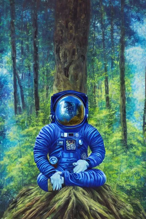 Prompt: blue astronaut meditating in the forest, oil on canvas, intricate, portrait, 8k highly professionally detailed, HDR, CGsociety