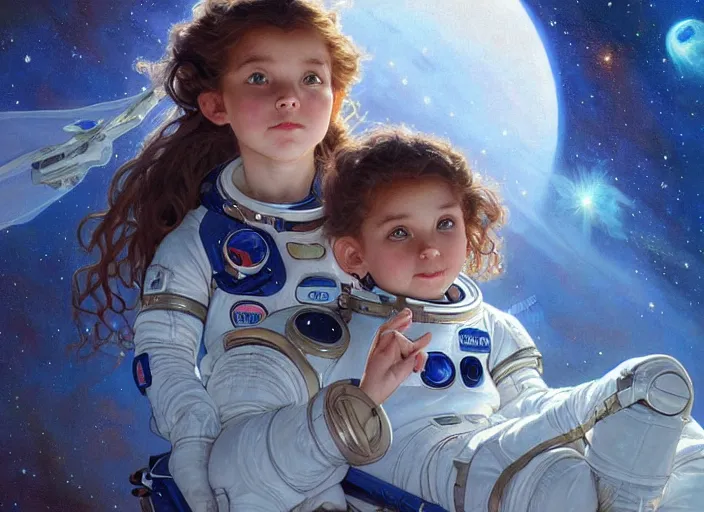 Prompt: a cute little girl with curly light brown hair and blue eyes as an astronait wearing a space suit in space, beautiful fantasy painting by artgerm and greg rutkowski and alphonse mucha