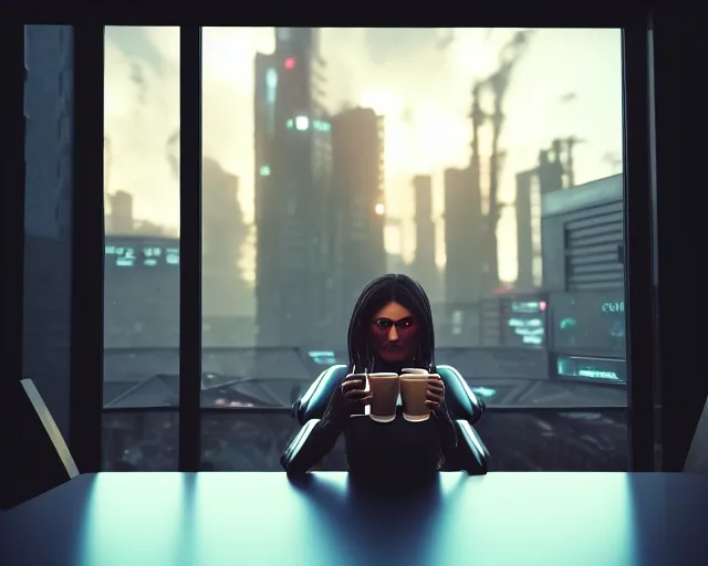 Image similar to armored female with biomechanical cybernetic body is drinking coffee near a window with dystopian city visible outside. very detailed 8 k. cyberpunk fantasy style. unreal engine render. global illumination. nanite. rtx. path tracing.