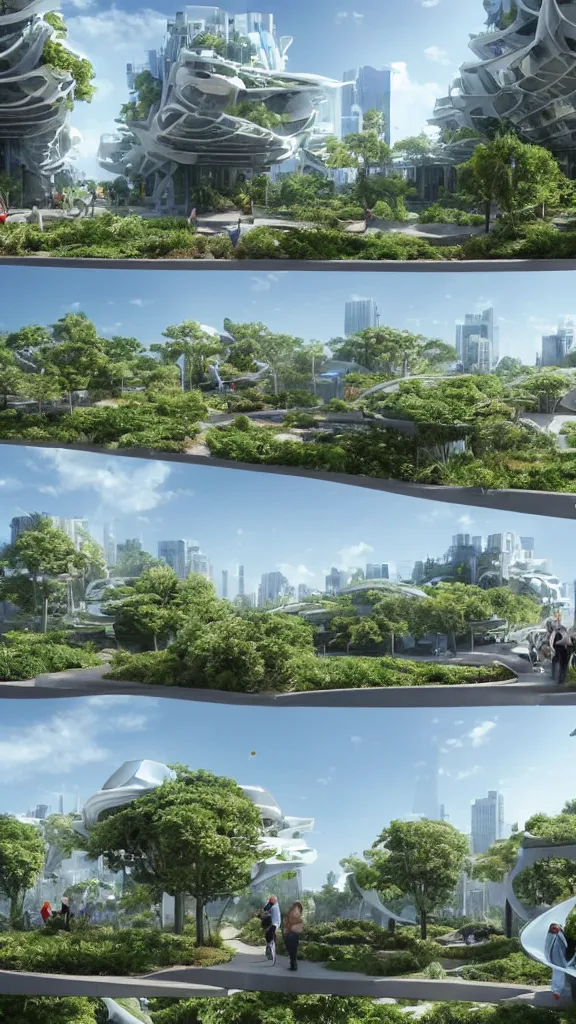 Prompt: 5 comic panels of visitors to sustainable futuristic building in a urban setting. white speech bubbles from visitors. ultrarealistic matte painting. the building has many deep and tall balconies covered in plants and trees. thin random columns, large windows, deep overhangs. plants hang from balconies. greeble articulated details with plants. 8 k, uhd.