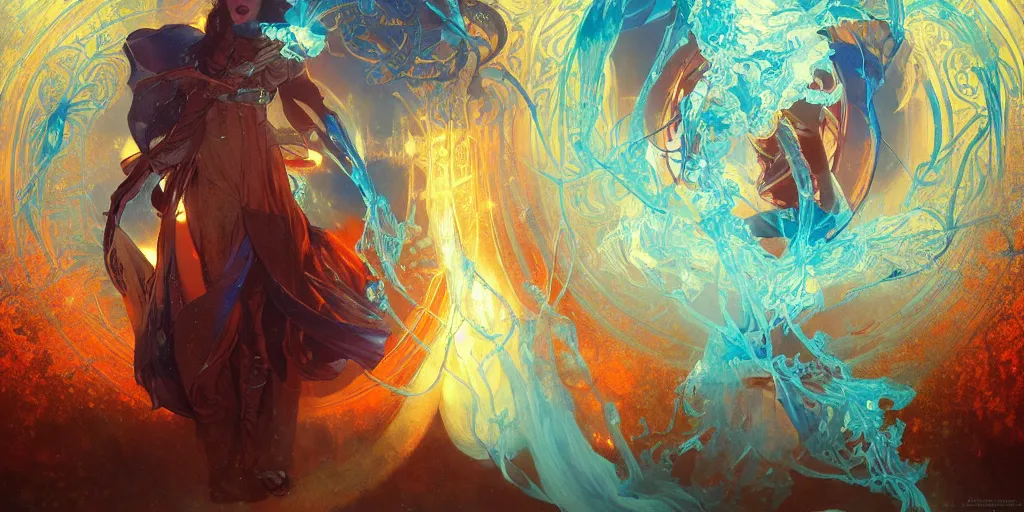 Image similar to arcs of blue flame intertwined with water, glinting particles of ice, dramatic lighting, steampunk, bright neon, holographic secret cyphers, red flowers, solar flares, intricate art by alphonse mucha and greg rutkowski