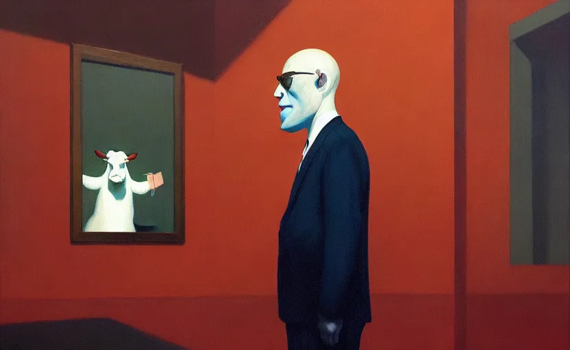 Image similar to Portrait of mr. Cow wearing a business suit , very coherent, painted by Edward Hopper, Wayne Barlowe, painted by James Gilleard, airbrush, art by JamesJean