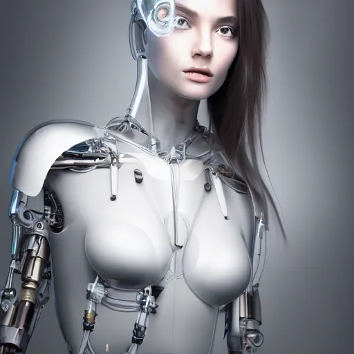 Prompt: Masterpiece full body portrait of a beautiful female cyborg with a beautiful face and flawless skin, parts of her body are made of transparent plastic, in a surreal dream landscape, eerie fog, cinematic lighting, 8k