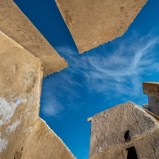 Prompt: photo taken from the bottom of a well looking up, seeing the walls of the well and a beautiful sky