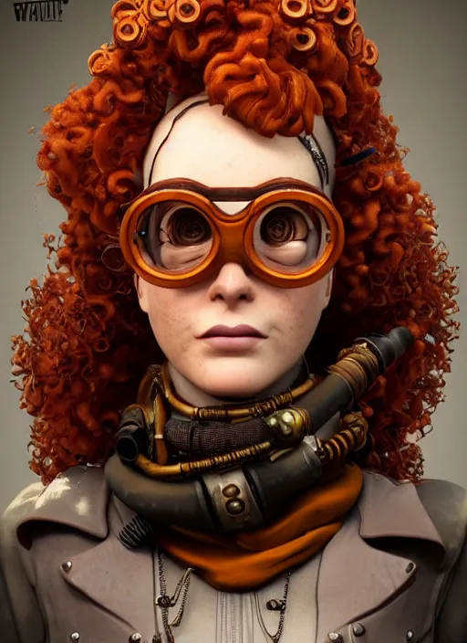 Image similar to steampunk portrait of curly orange hair mad scientist from far cry 6, au naturel, hyper detailed, digital art, trending in artstation, cinematic lighting, studio quality, smooth render, unreal engine 5 rendered, octane rendered, art style by pixar dreamworks warner bros disney riot games and overwatch.