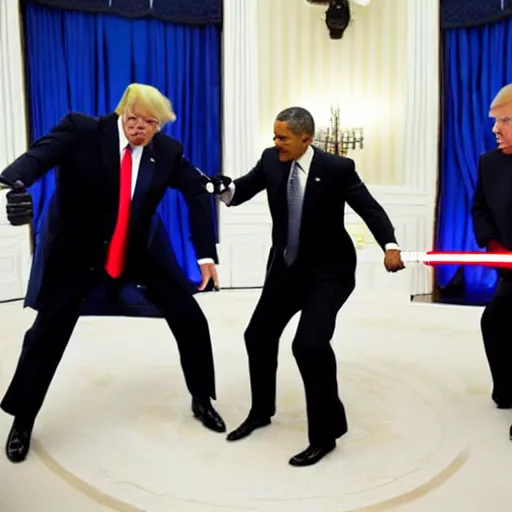 Prompt: photo of putin, trump and obama having a lightsaber fight