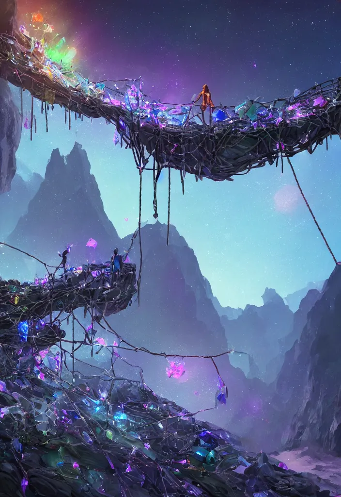 Prompt: android with back to the camera, crossing a rickety rope bridge at night looking up at a glowing mountain of crystal and gemstone, glass flowers, alien flora, digital art, artstation, dramatic lighting, forced perspective, vibrant and stylized