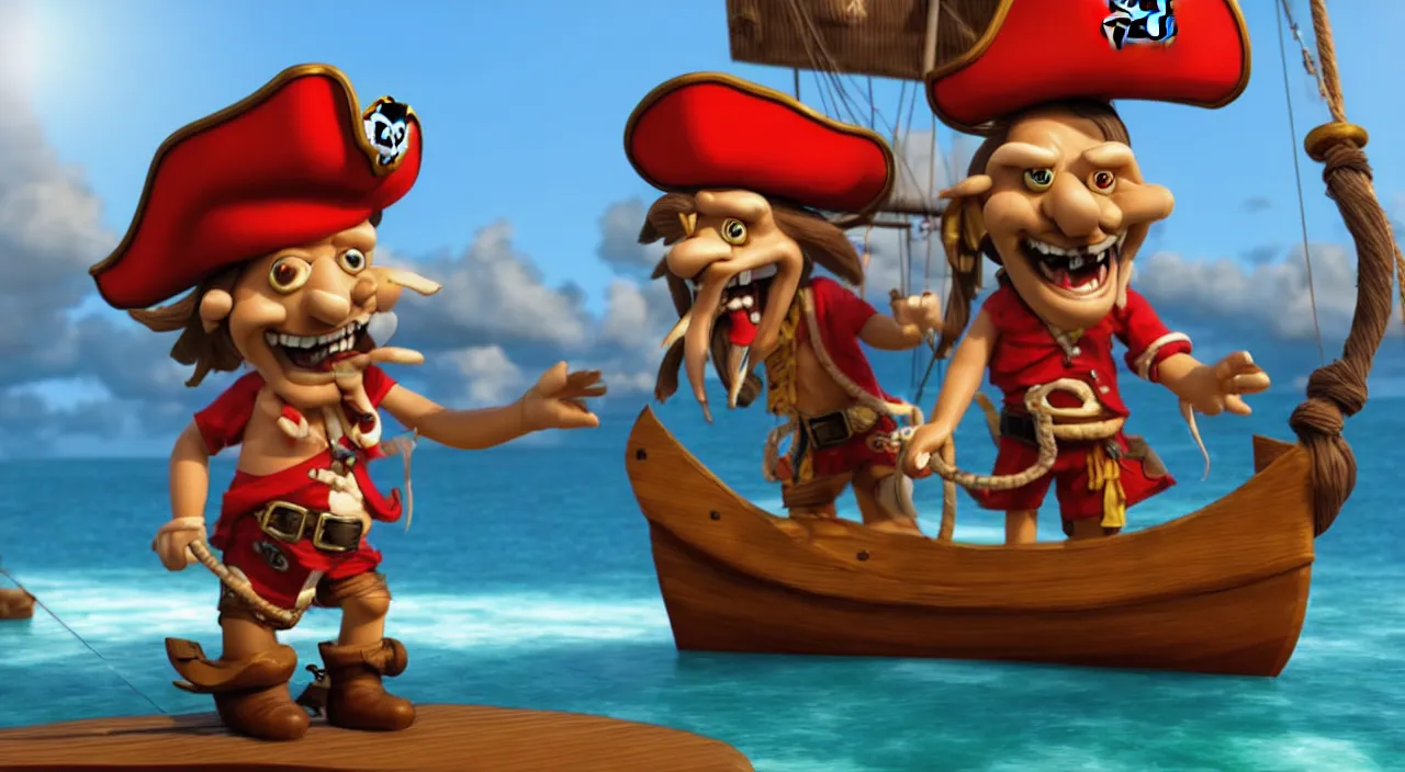 Prompt: a cartoonish pirate on a boat ready to conquer the island, highly detailed, photorealistic portrait, bright studio setting, studio lighting, crisp quality and light reflections, unreal engine 5 quality render