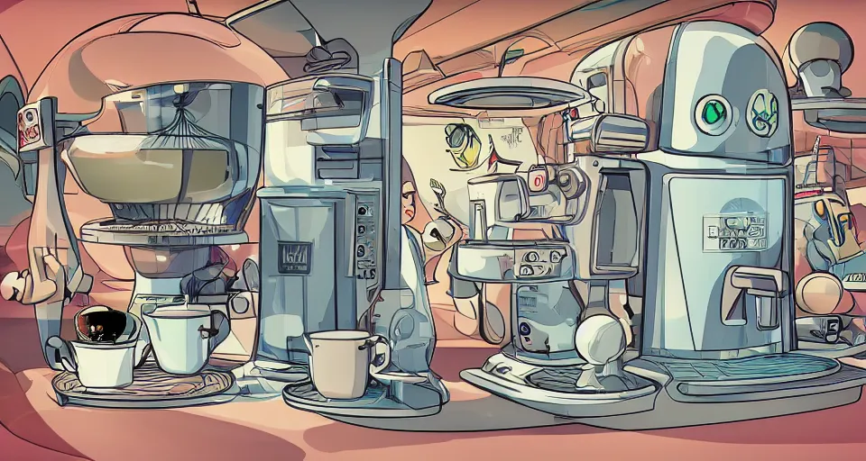 Image similar to a highly complex drip coffee maker in the futuristic era kitchen, jetsons design style, in the style of hownosm and james jean, ultimate collab, epic, digital art, 3 d, h 9 6 0