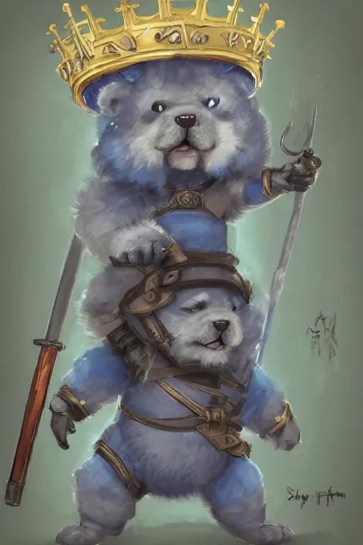 Image similar to cute anthropomorphic blue tong chow chow knight wearing a cape and a crown and holding a sniper, tiny, small, miniature chow chow, baby animal, short, pale blue armor, cute and adorable, pretty, beautiful, DnD character art portrait, matte fantasy painting, DeviantArt Artstation, by Jason Felix by Steve Argyle by Tyler Jacobson by Peter Mohrbacher, cinematic lighting