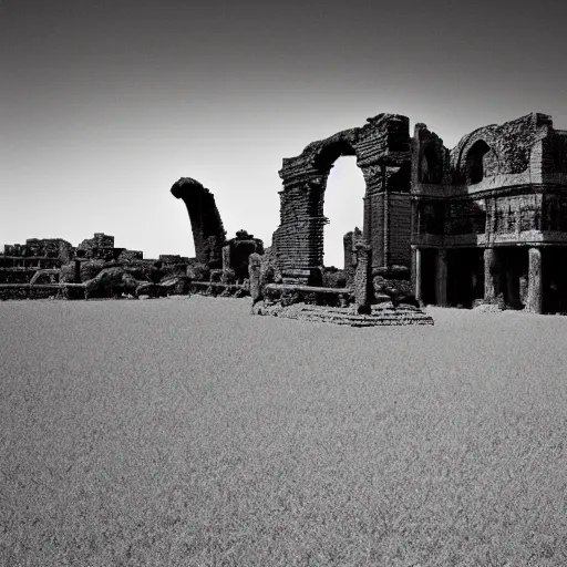 Prompt: infrared photograph of an eerie alien landscape of ancient ruins by james gurney