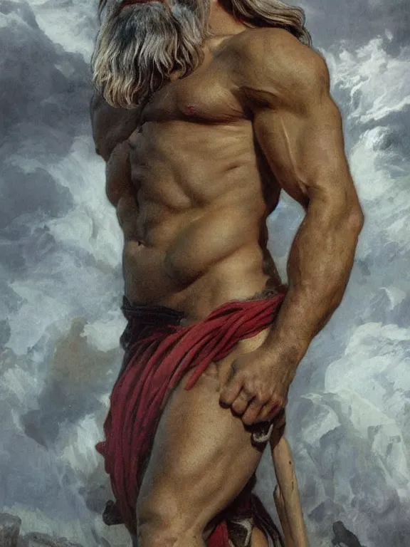 Image similar to painted portrait of rugged zeus, god of thunder, greek god, white hair, masculine, mature, handsome, upper body, red and gold, muscular, hairy torso, fantasy, intricate, muscular, elegant, highly detailed, digital painting, artstation, concept art, smooth, sharp focus, illustration, art by gaston bussiere and alphonse mucha