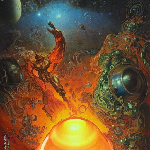 Prompt: a lava lamp with jupiter and its odsts inside. poster cover art by donato giancola and greg rutkowski. structured 1 9 9 8 cover.