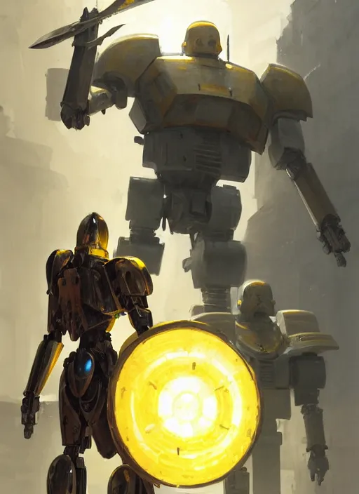 Image similar to human-sized strong intricate yellow pit droid carrying beautiful paladin greatsword and beautiful large paladin shield, pancake short large head, exposed metal bones, painterly humanoid mecha, by Greg Rutkowski