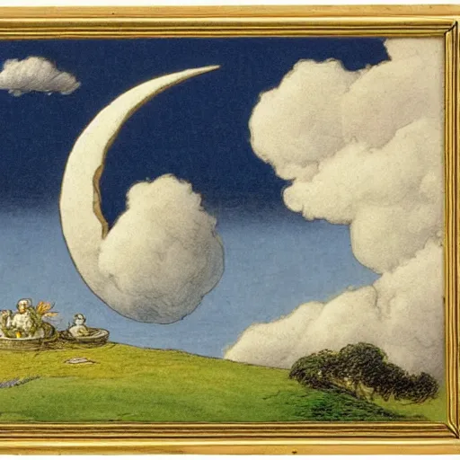 Prompt: personified crescent moon smiling, surrounded by clouds, landscape, illustrated by peggy fortnum and beatrix potter and sir john tenniel