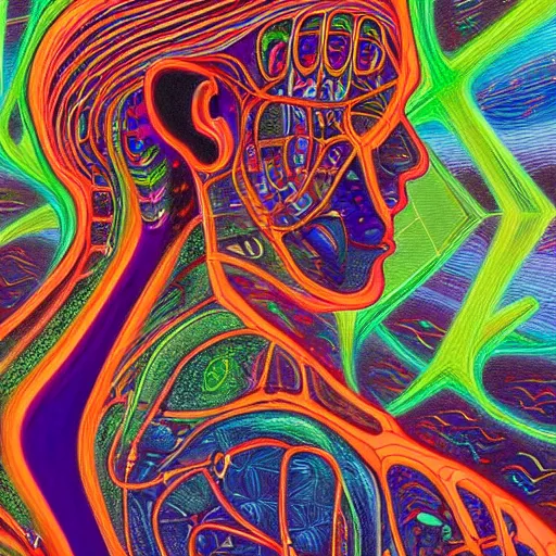 Image similar to a beautiful painting of a human/computer system, a side-view of a person sitting on their desk programming by Alex Grey