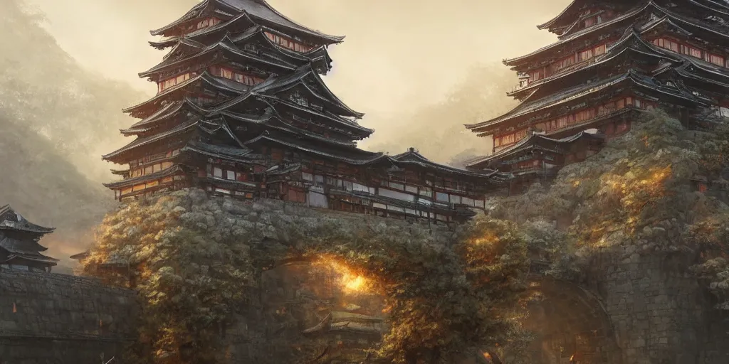 Image similar to japan middle age, giant fortress with cannons guarded by samurais, is built on a strong old wooden bridge, giant goddess with swords, morning, matte painting, concept art, james gurney, greg rutkowski, unreal engine, artstation, john howe