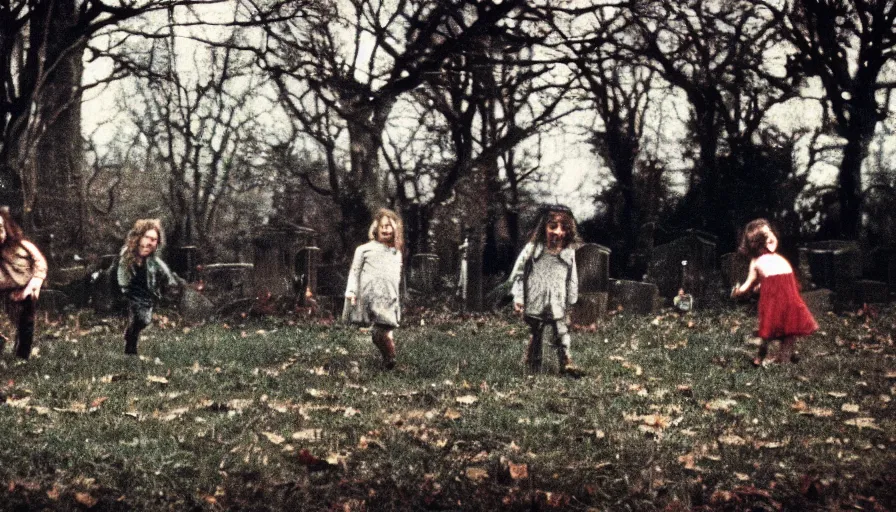 Image similar to 7 0 s film still from a horror movie of young children playing in a graveyard, kodachrome, cinecolor, cinestill, photorealism, cinematic, film grain, film texture, vhs recording