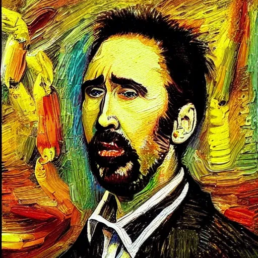 Prompt: highly detailed oil painting of nicolas cage in a banana, 4 k, in the style of van gogh, monet, picasso and dali