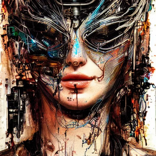 Prompt: sexy beautiful woman head made of mech mask rendered in unreal engine, cyberpunk, rave, scifi, painted by albrecht durer | bernard buffet | carne griffiths | alfred lubin