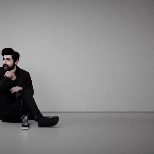 Prompt: a man with black hair and beard, wearing a black jacket, white shirt and jeans, sitting in an empty white room, devastated, rendered in unreal engine