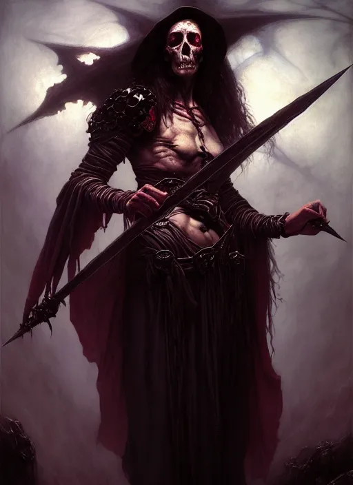 Image similar to necromancer casting toll the dead, full body, hyper realistic dnd character art portrait, dark fantasy art, intricate fantasy painting, dramatic lighting, vivid colors, deviantart, artstation, by edgar maxence and caravaggio and michael whelan and delacroix.