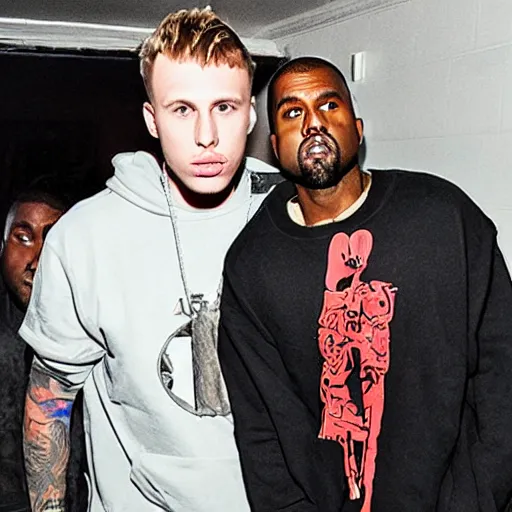 Prompt: Kanye West rescuing Machine Gun Kelly from a burning house