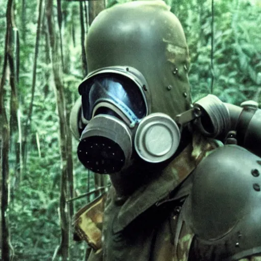 Prompt: a heavily armored man wearing a gasmask, in the jungle, film still, arriflex 3 5