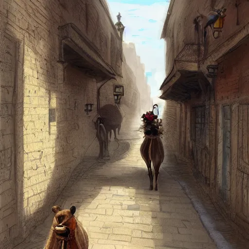 Image similar to A cute mouse riding a camel through a narrow street London, UK, 1885, digital art, trending on Artstation