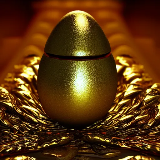 Image similar to glowing metallic dragon scale egg sitting on a nest of gold objects, photorealistic, symmetrical, unreal engine