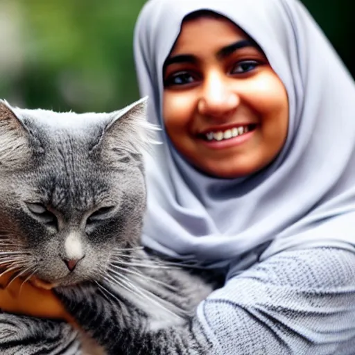 Prompt: muslim girl in a gray hijab smiling intensely, holding a grey cat in her arms. the cat is falling out and screaming.