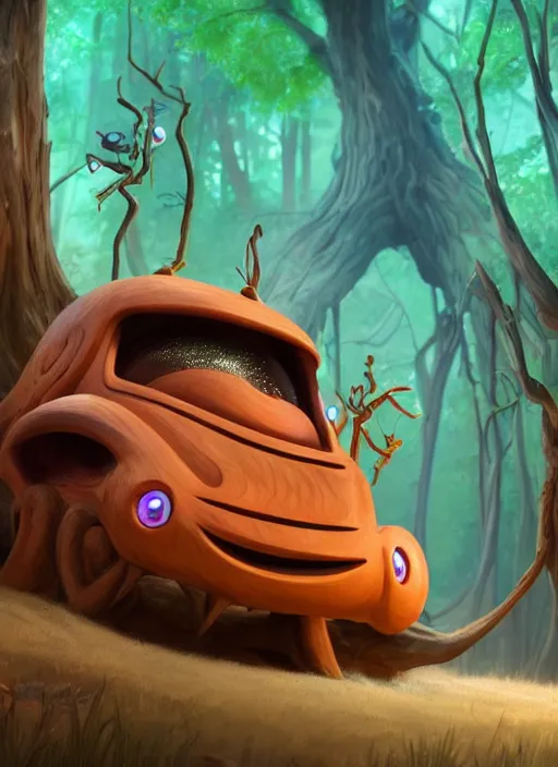 Image similar to a wood carved alien car on a cotton candy forest, art style by pixar dreamworks warner bros disney riot games arcane and overwatch, au naturel, hyper detailed, digital art, trending in artstation, cinematic lighting, studio quality, smooth render, unreal engine 5 rendered, octane rendered