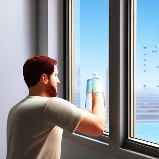 Image similar to 3 d rendered image of man oppening room window, fresh air blender 3 d keyshot unreal engine